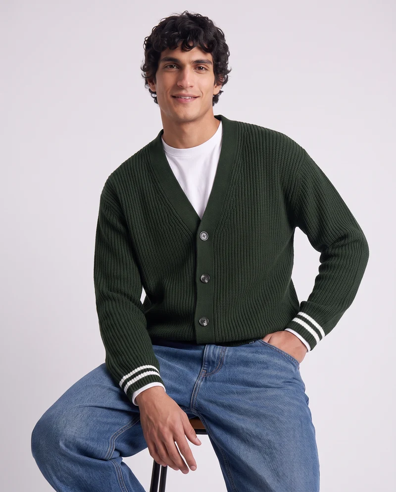 Maglia Cardigan con Bottoni e Contrasto - Verde scuro