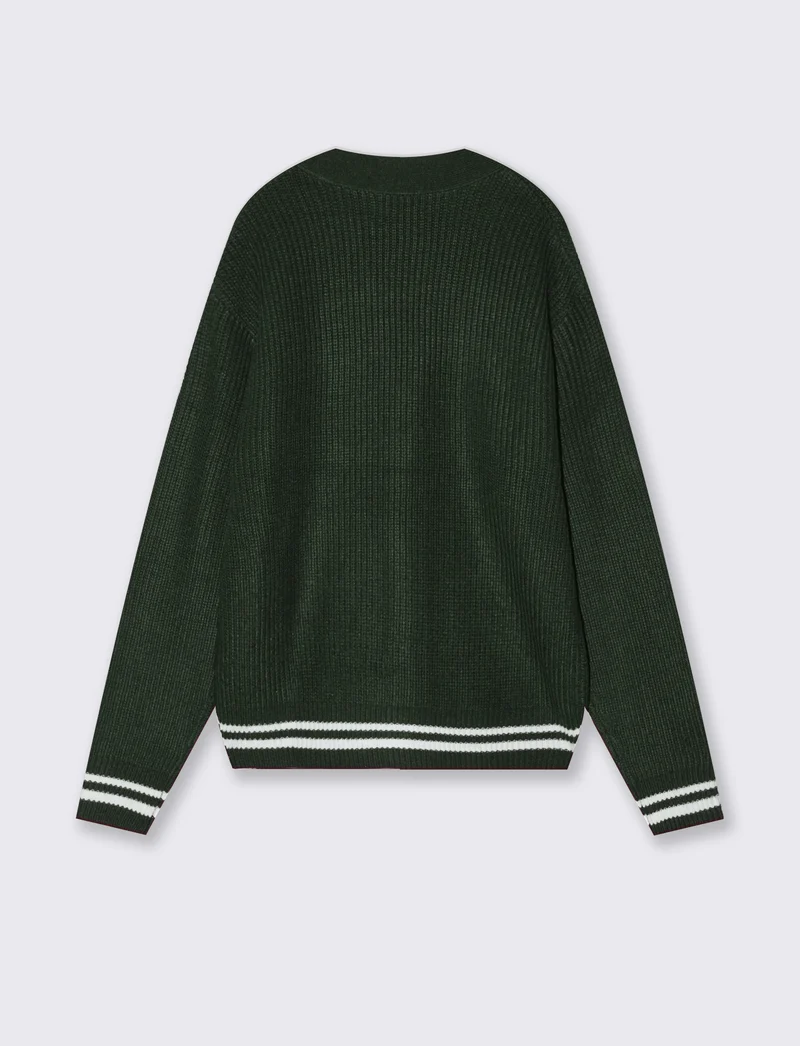 Maglia Cardigan con Bottoni e Contrasto - Verde scuro