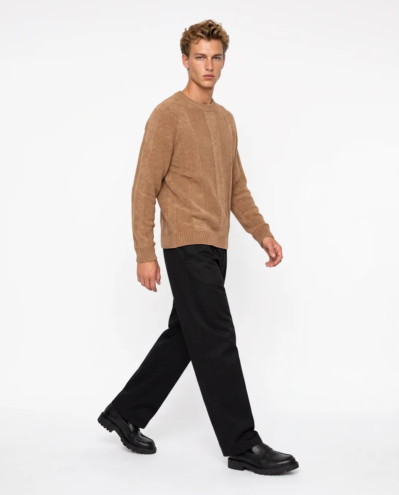Maglia Jacquard Girocollo in Ciniglia - Cammello