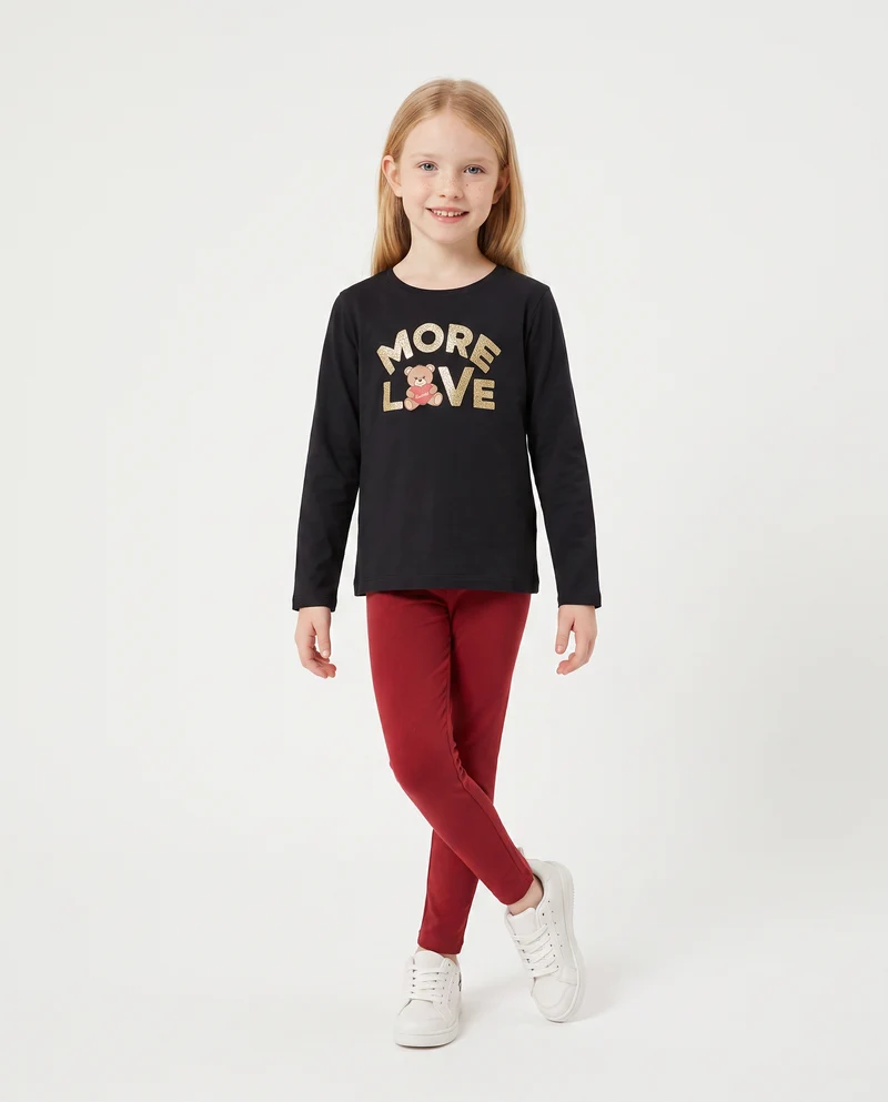 T-shirt in cotone manica lunga regolare - Nero