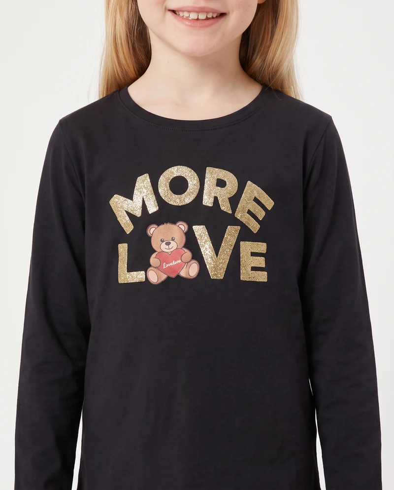 T-shirt in cotone manica lunga regolare - Nero