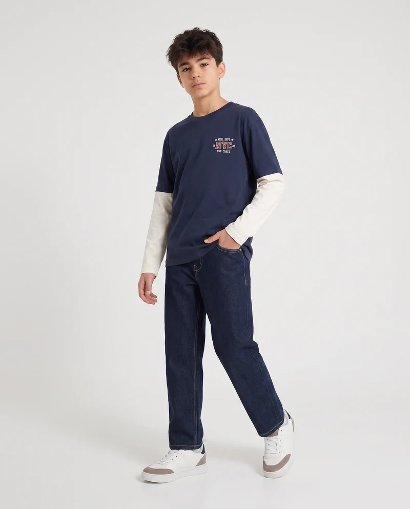 T-shirt mezza manica in cotone con stampa - Blu