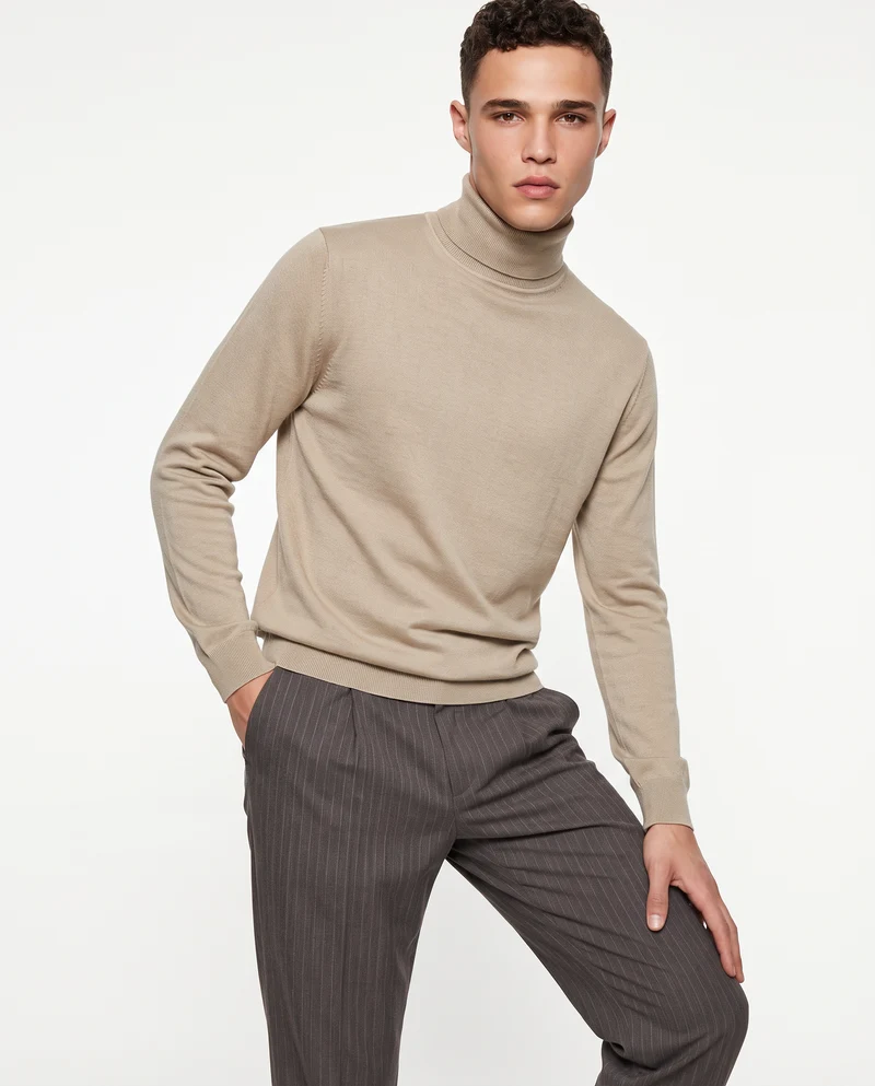 Maglia Collo Alto Misto Viscosa Basic - Sabbia