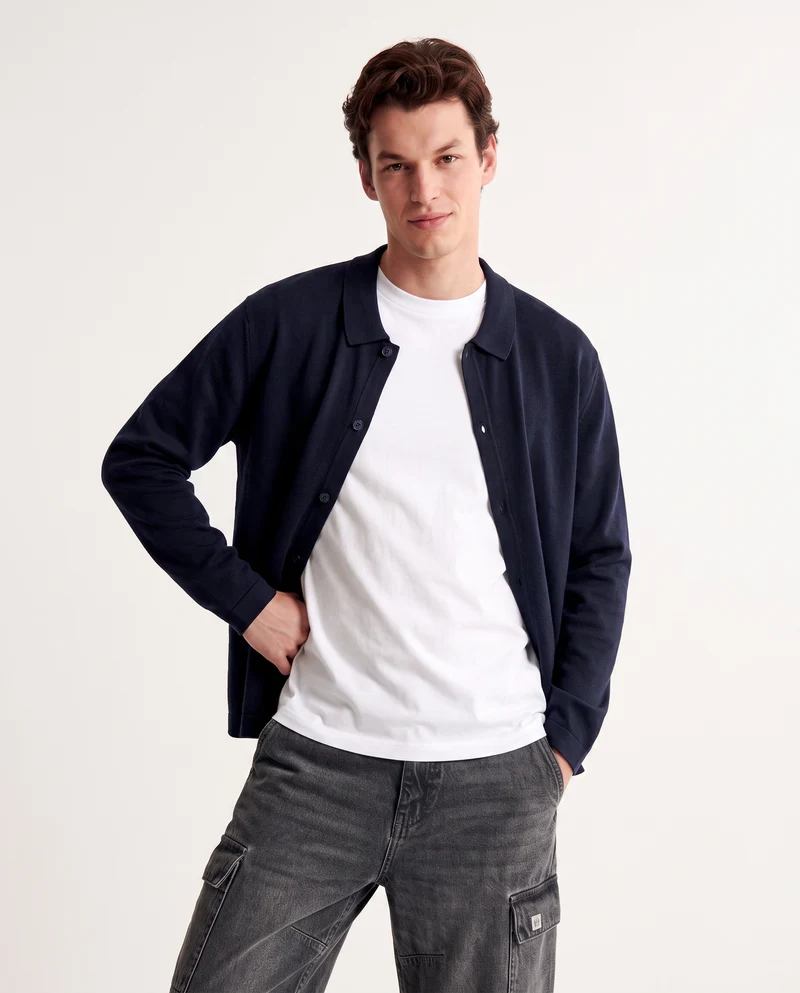 Maglia polo cardigan in misto viscosa - Blu