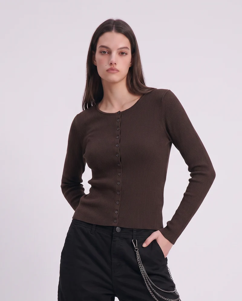 Cardigan paricollo con bottoni in tinta - Marrone cioccolato