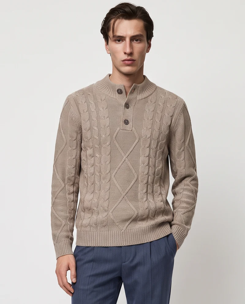 Maglia mezzo collo a trecce con bottoni - Grigio tortora