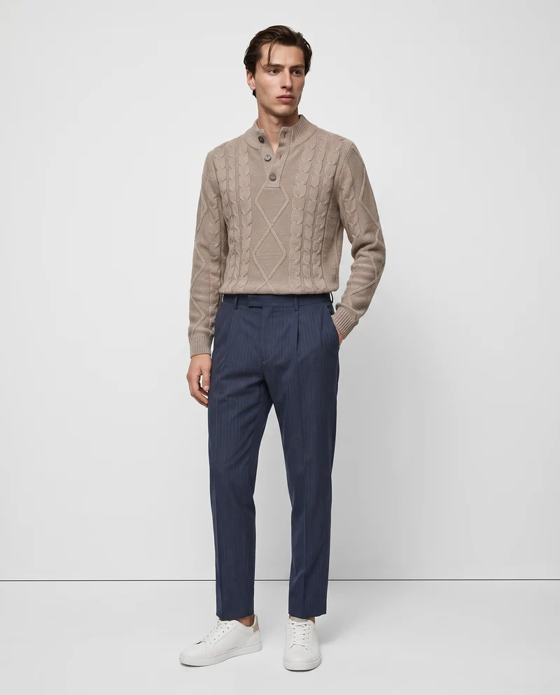 Maglia mezzo collo a trecce con bottoni - Grigio tortora