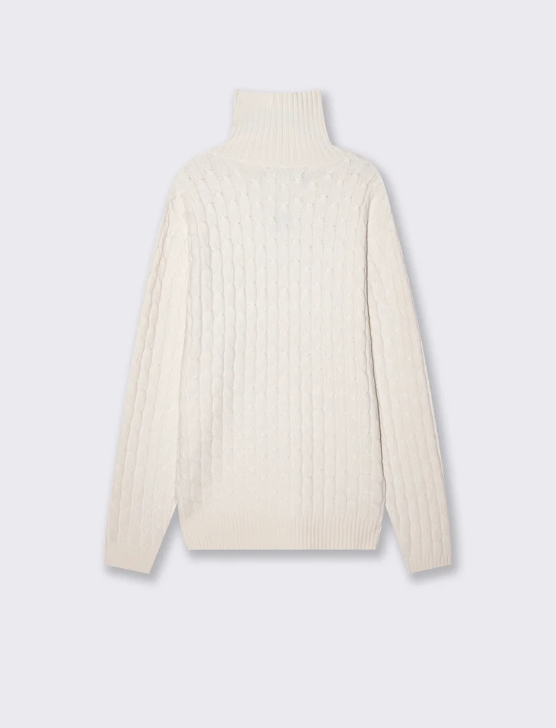 Maglia dolcevita a trecce con ricamo - Beige ecru