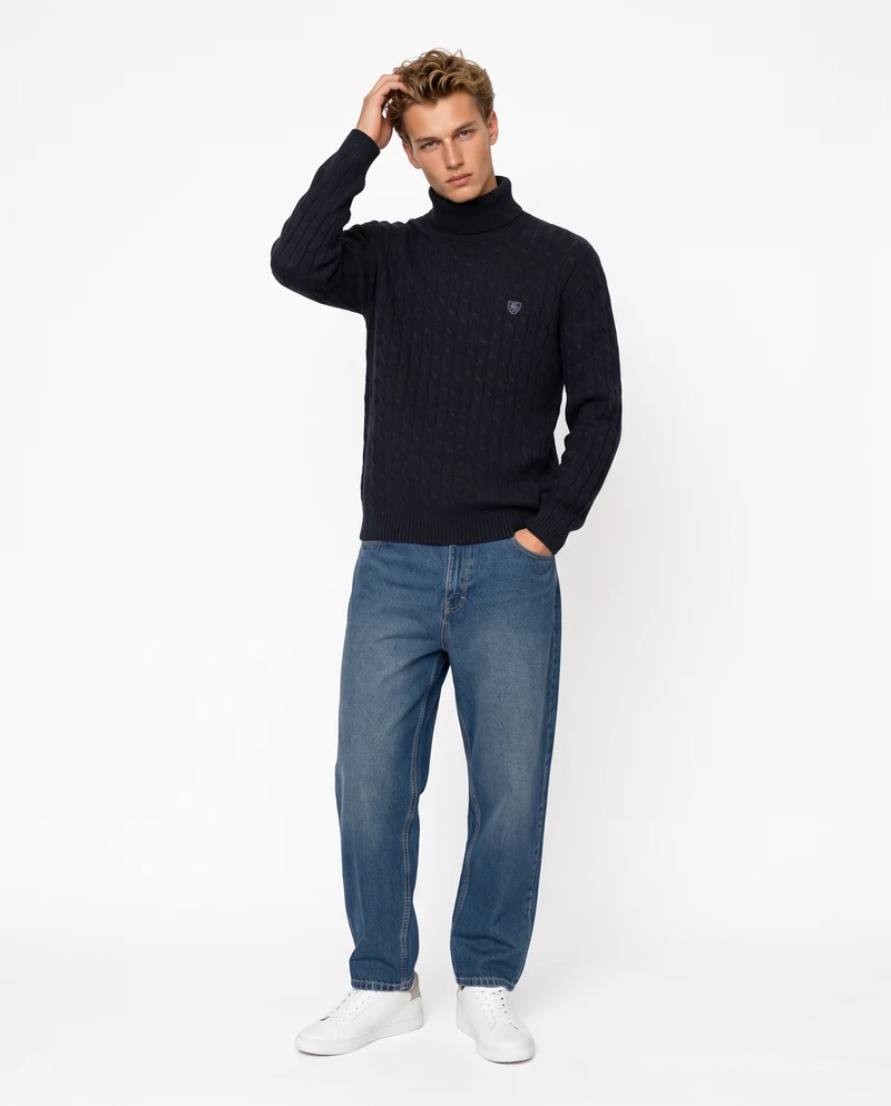 Maglia dolcevita a trecce con ricamo - Blu