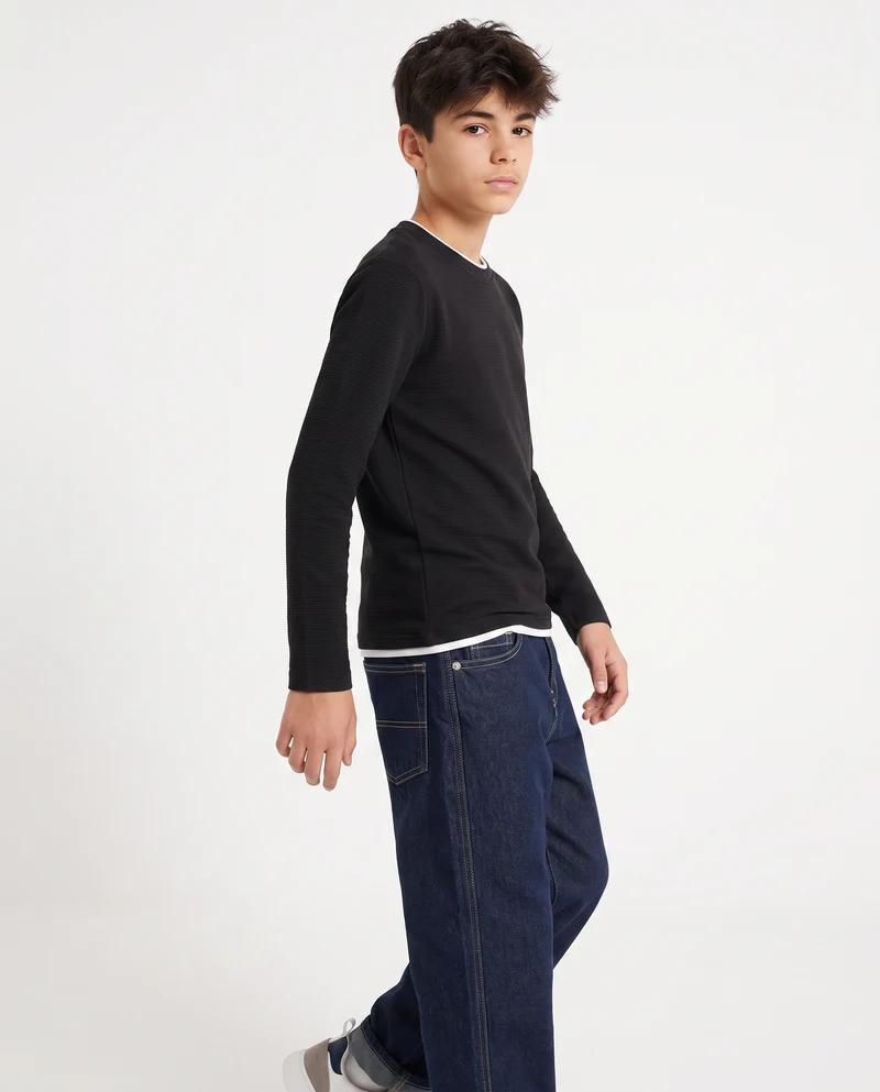T-shirt girocollo minimal in cotone waffle - Nero