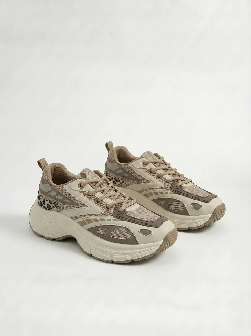 Sneakers beige effetto cavallino e leopardato - Beige