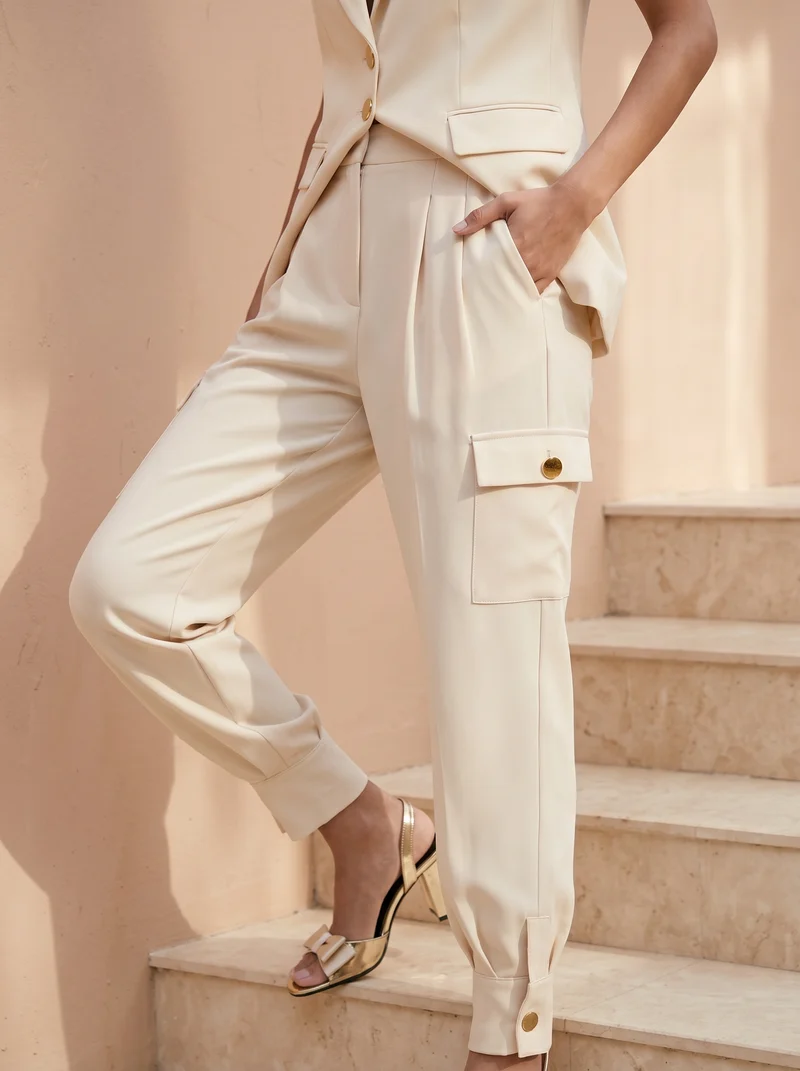 Pantaloni cargo vita alta con tasconi donna - Bianco