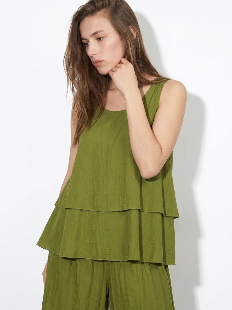 Top giromanica con scollo rotondo e balze - Verde