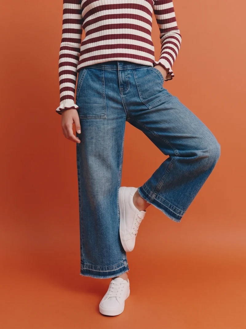 Denim culotte a gamba larga sfrangiato - Denim