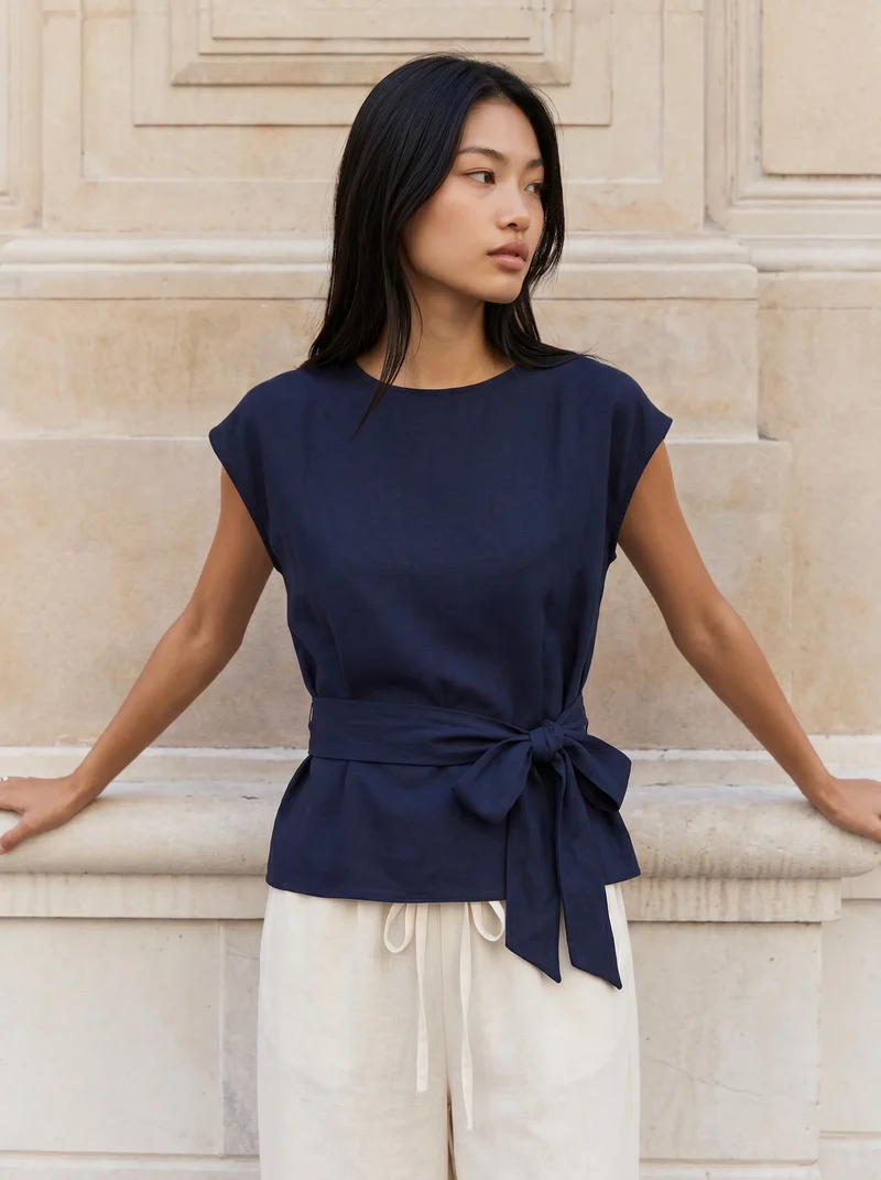 Casacca Manica a T con Fiocco in Vita - Blu