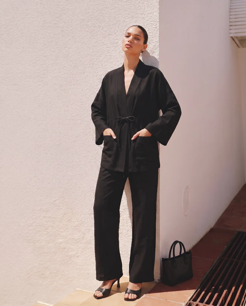 Giacca Kimono con Tasche Frontali - Nero