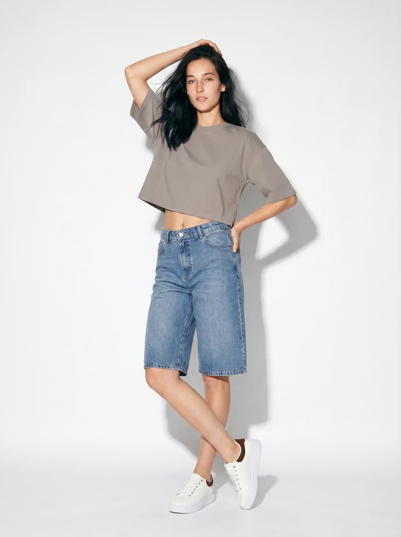 T-Shirt Crop in Cotone - Grigio