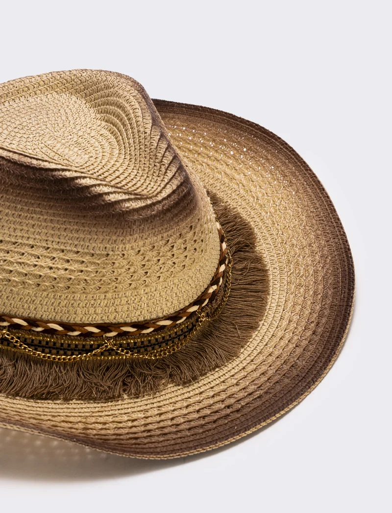 Cappello cowboy frangiato con catenina - Bianco natural
