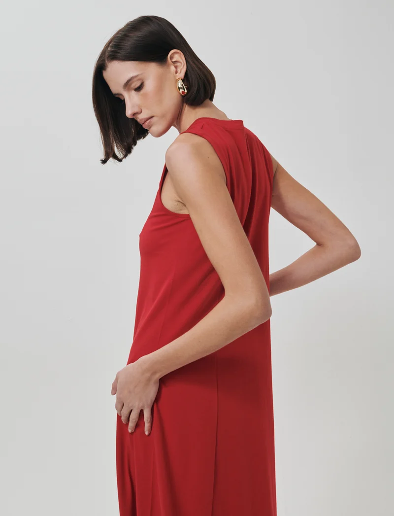 Vestito lungo in cotone svasato senza maniche - Rosso