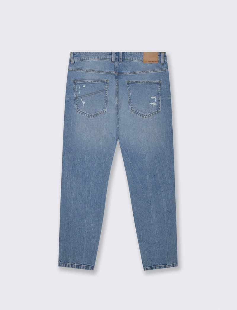 Jeans Straight Fit con Strappi e Slavature - Denim
