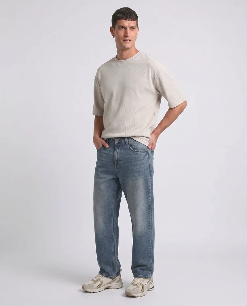 Jeans Wide Leg Blu Medio Effetto Slavato - Denim