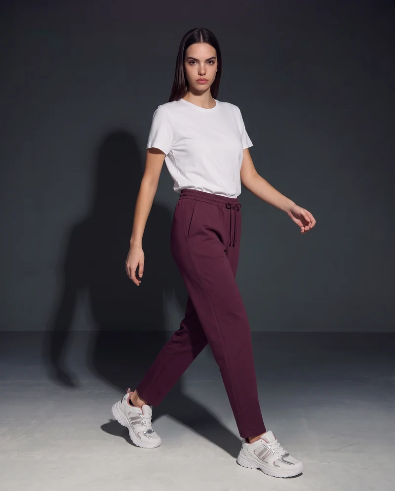 Pantalone basico con vita arricciata - Viola prugna