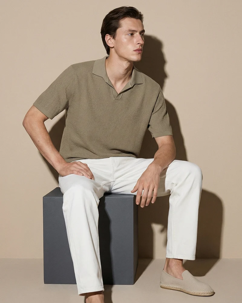 Polo in maglia jacquard misto cotone - Verde kaki