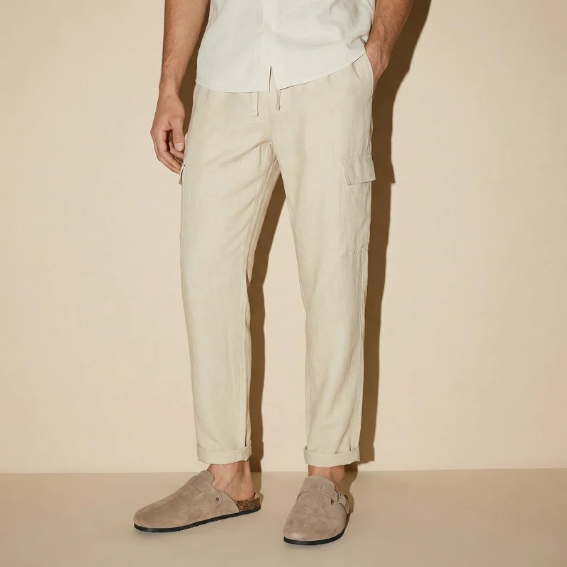 Pantaloni Chino Jogger Cargo Misto Lino - Beige ecru