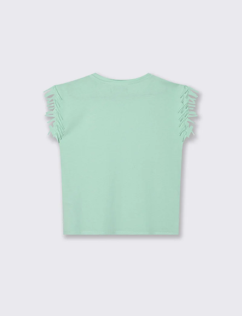 T-shirt con frange e paillettes da bambina - Verde acqua