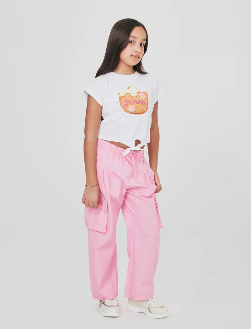 T-shirt estiva in cotone con nodo e strass - Bianco