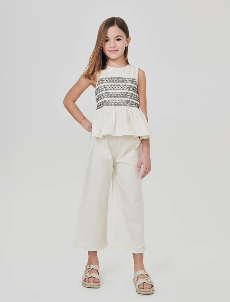 Camicia in cotone con rouches e smock - Beige