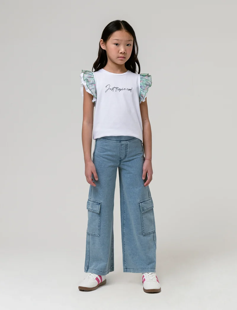 Pantaloni cargo gamba larga effetto denim da bambina - Denim chiaro