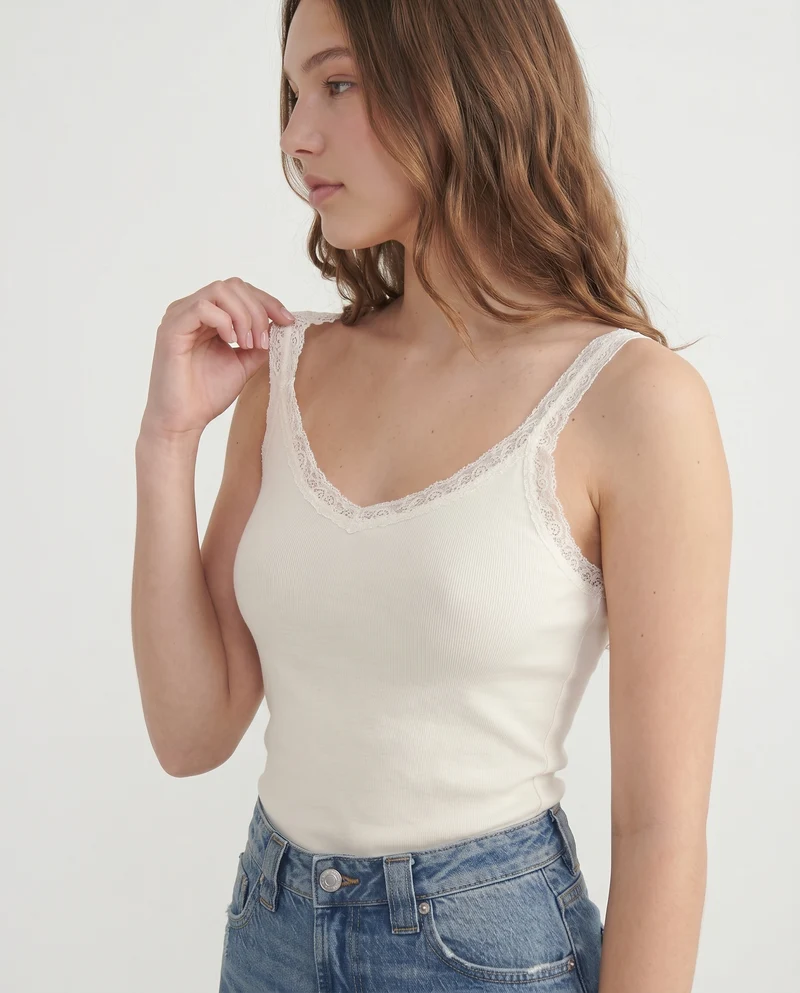Top giromanica a costine con pizzo - Nero