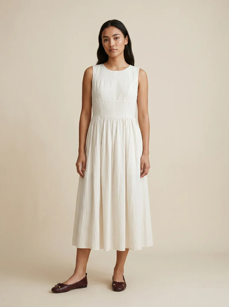 Vestito lungo smanicato con gonna ampia - Avorio