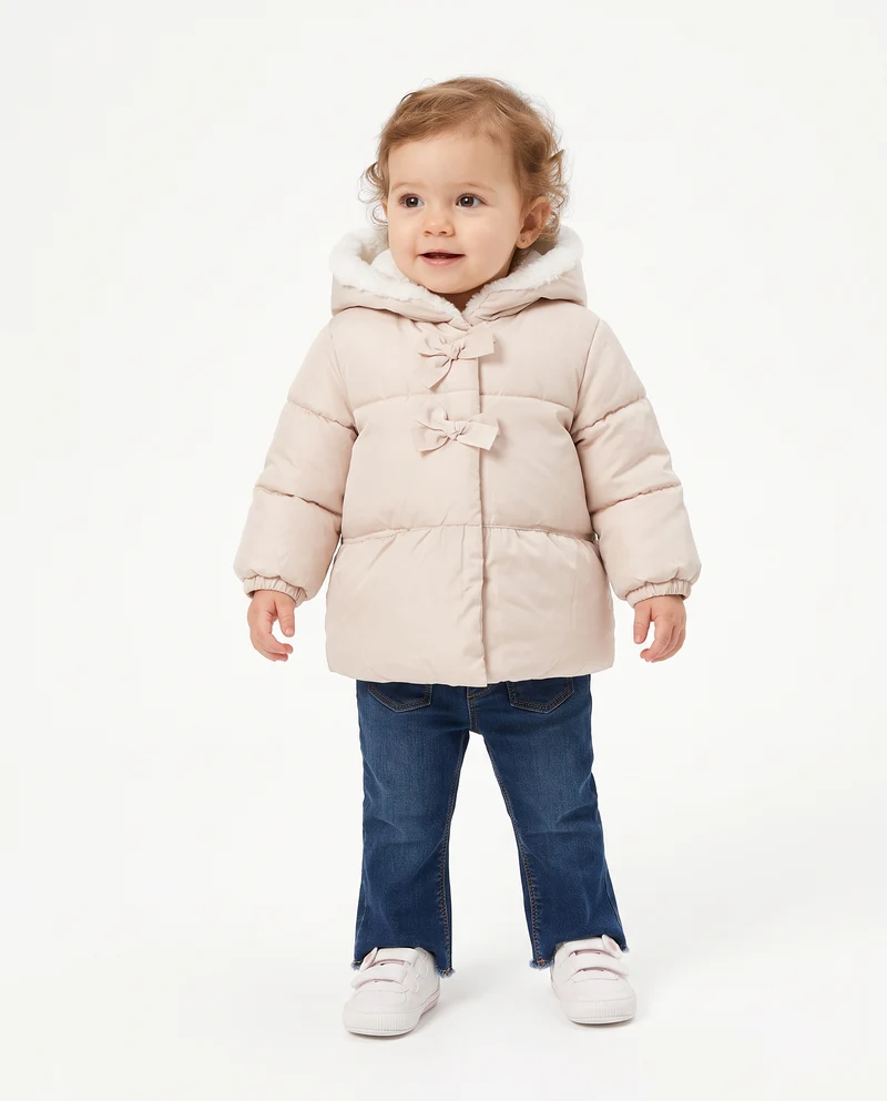Giaccone caldo con fiocchi e cappuccio - Beige