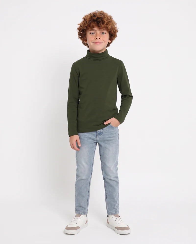 T-shirt collo alto in cotone interlock - Verde militare