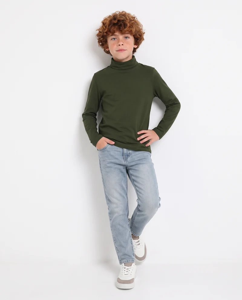 T-shirt collo alto in cotone interlock - Verde militare