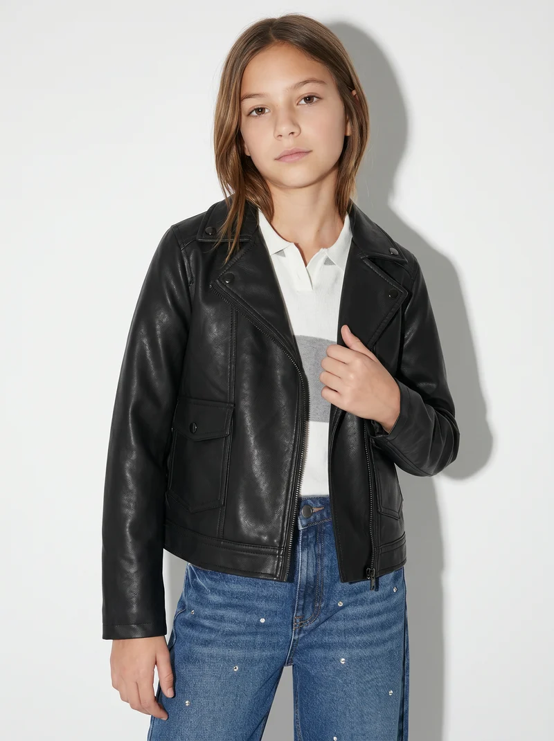 Giacca biker in finta pelle con zip - Nero