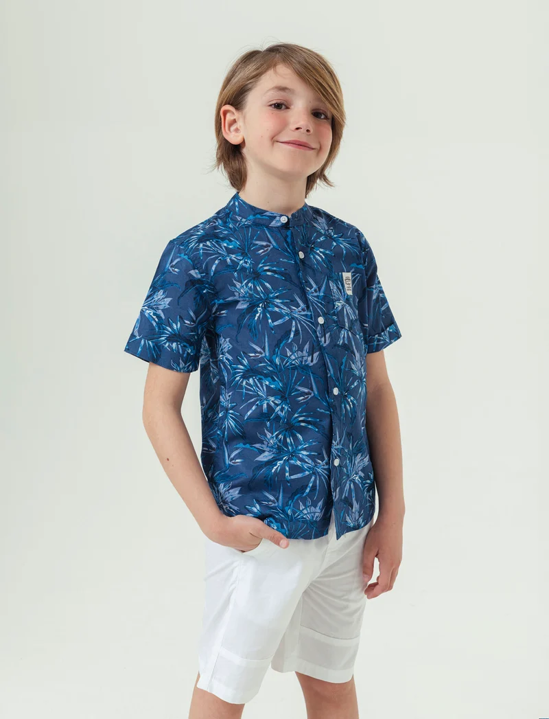 Camicia mezza manica stampata da bambino - Blu cobalto