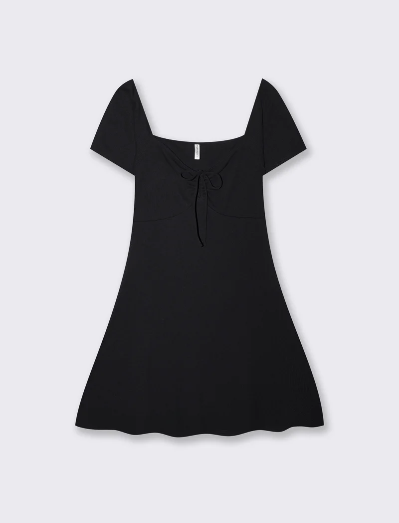 Vestito Corto a Coste con Manica Aletto - Nero