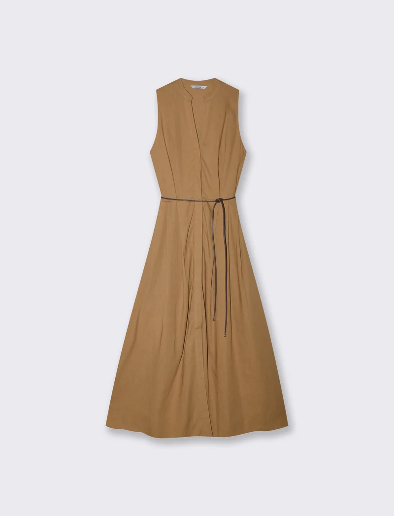 Vestito lungo giro manica con cintura - Cammello