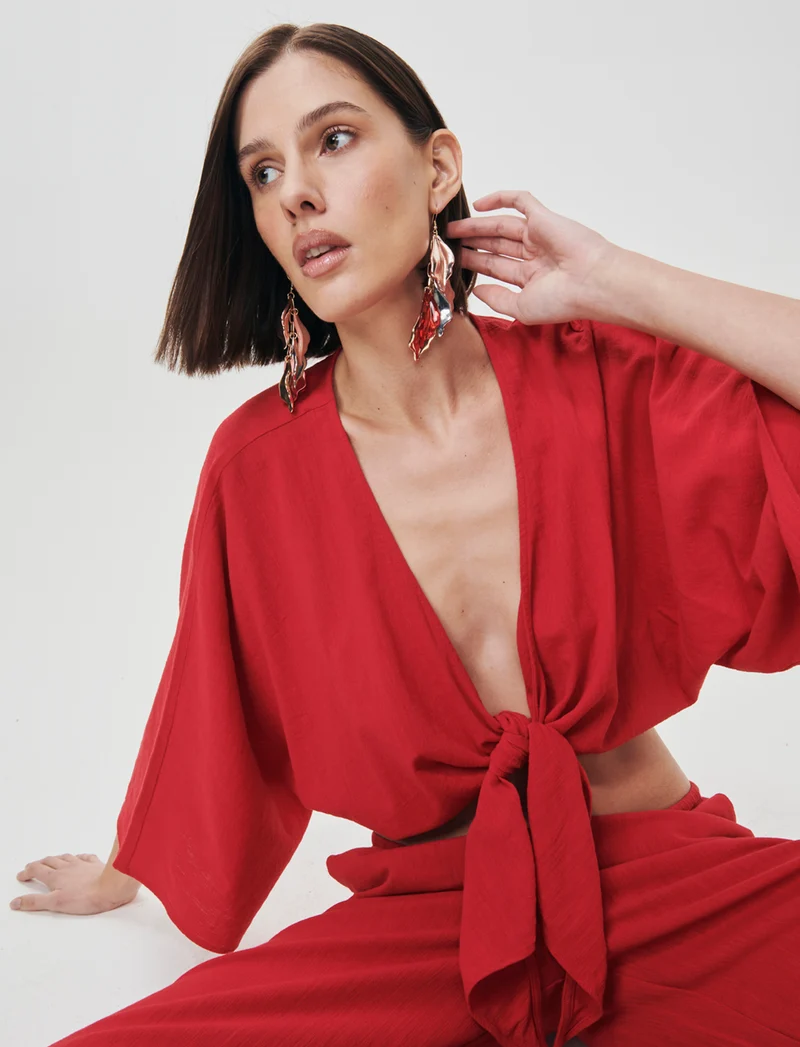 Casacca Kimono in Cotone con Nodo - Rosso