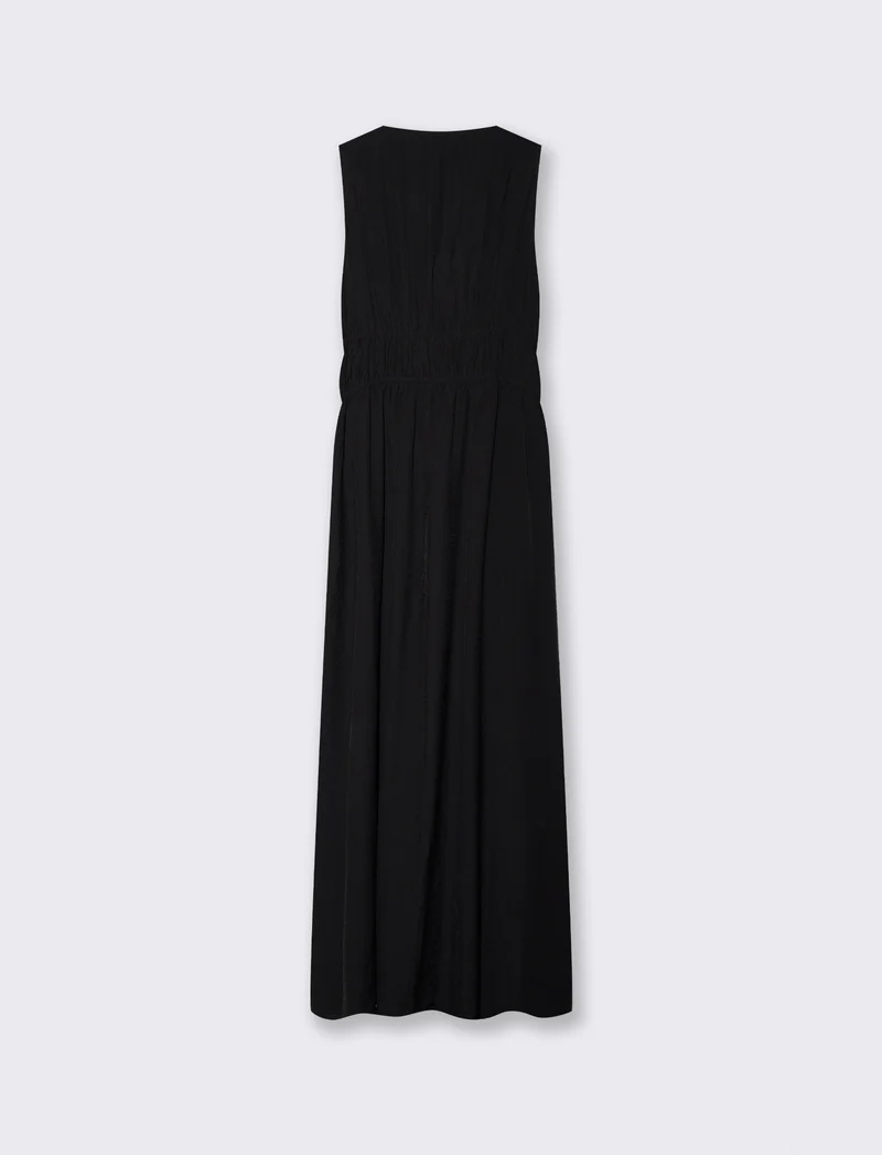 Vestito lungo con scollo a V e arricciato - Nero