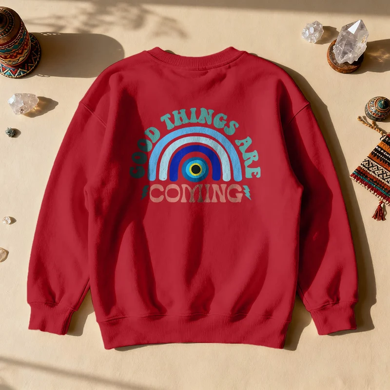 Olivenorma „Good Things Are Coming“ Evil Eye Regenbogen-Sweatshirt