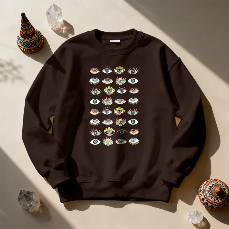Olivenorma Modisches Sweatshirt mit mehreren Symbolen des Bösen Blicks