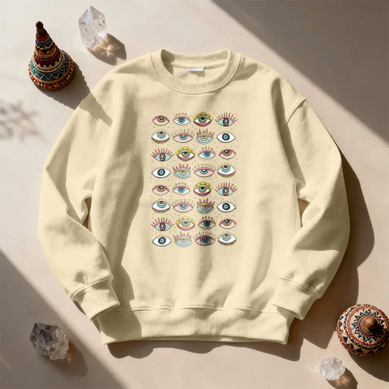 Olivenorma Modisches Sweatshirt mit mehreren Symbolen des Bösen Blicks