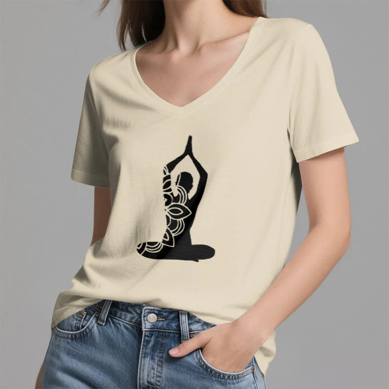 Olivenorma Yoga Pose Achtsame Energie V-Ausschnitt Meditations-T-Shirt