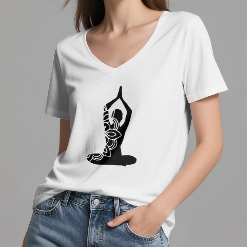 Olivenorma Yoga Pose Achtsame Energie V-Ausschnitt Meditations-T-Shirt