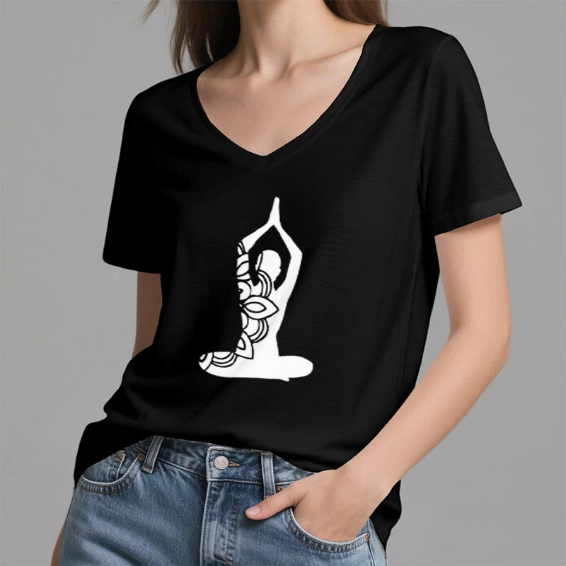 Olivenorma Yoga Pose Achtsame Energie V-Ausschnitt Meditations-T-Shirt
