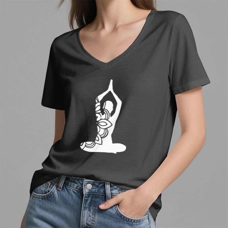 Olivenorma Yoga Pose Achtsame Energie V-Ausschnitt Meditations-T-Shirt